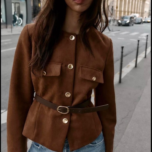 NWT Zara Woman Faux Suede Belted Jacket Balzer Size L Large - Picture 2 of 12